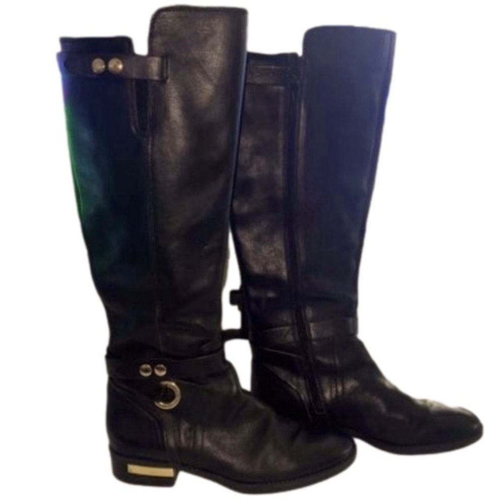 SOLD!!! VINCE CAMUTO Tall Riding Boots Black Leather Gold Hardware Cowgirl - Picture 2 of 14